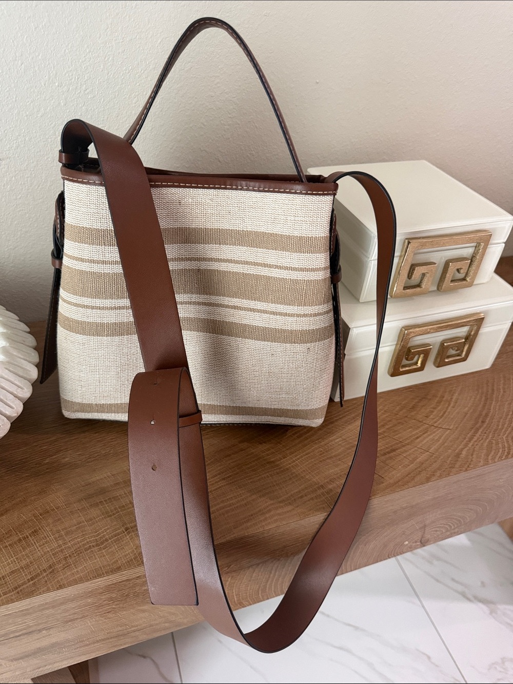 H&M Beige and Brown Striped Shoulder Bag